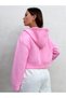Women's Pink Hooded Zippered New York Printed Crop Cardigan with Ribbon - 2