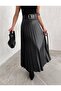 Black Belted Pleated Comfortable Fit Lycra Leather Skirt - 5