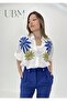 Women's Shirt - Embroidery Embroidered - Folded Sleeves - Loose Cut - Woven Linen