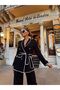 Women's Black Imported Tweed Fabric Button Detail Belted Lined Special Design Jacket and Trousers Set - 2