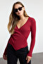 Bordo Fitted/Vücuda Oturan Kruvaze Yaka Uzun Kol Fitilli Esnek Örme Bluz TWOAW21BZ1274 - 2