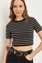 Black Striped Crop Knitwear Blouse - Crew Neck Blz- 19002742 - 2