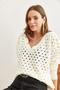 Women's White V-Neck Openwork Thick Knitwear Sweater Kzk- 19000829 - 3