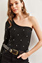 Women's Black One-Shoulder Stone Detailed Ribbed Blouse Blz-19002745 - 2