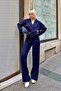 Navy Blue Pra Polo Collar Oversize Sweater-Pants Knitted Women's Bottom-Top Set - 2