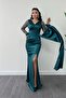 Satin Fabric Sleeves with Frills Beaded Mermaid Dress - EMERALD GREEN