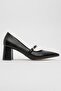 Women's Belted Stone Heeled Shoes Black Leather - 2