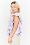 Women Crew Neck Cap Sleeve Checkered Ruffled Top, Lavender - 2