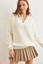 Women's Ecru Polo Neck Honeycomb Knitwear Sweater Kzk- 19000826