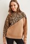 Women's Tan Leopard Detailed Blocked Knitwear Sweater Kzk- 19000811 - 2