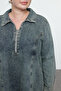 Mavi Gömlek Yaka %100 Pamuk Denim Büyük Beden Elbise TBBAW25AH00078 - 4