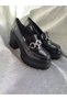 Women's High Heel Thick Sole Loafer Moccasin Shoes Black Patent Leather - 2