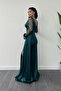 Satin Fabric Sleeves with Frills Beaded Mermaid Dress - EMERALD GREEN - 4