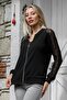 Black Zipper Collar Long Sleeve Lace Sleeve Knitted Casual Jacket - 3