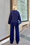 Navy Blue Pra Polo Collar Oversize Sweater-Pants Knitted Women's Bottom-Top Set - 5