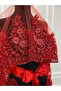 Red Vip Luxury Bridal Veil Set, Wide Appliqued Henna Night Veil 6 Piece Set - 3