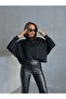 Women's Black Interlock Fabric Mock Neck Batwing Sleeve Blouse