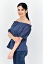 Women Off Shoulder Puffed Sleeves Textured Top, Slate Blue - 3