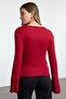Bordo Nervür Detaylı Fitted/Vücuda Oturan İspanyol Kol Örme Bluz TWOAW25BZ00244 - 5