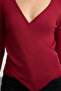 Bordo Fitted/Vücuda Oturan Kruvaze Yaka Uzun Kol Fitilli Esnek Örme Bluz TWOAW21BZ1274 - 4