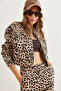 Women's Stone Black Leopard Pocketed Zippered Crop Sweatshirt Swt-19000668 - 5