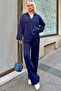 Navy Blue Pra Polo Collar Oversize Sweater-Pants Knitted Women's Bottom-Top Set
