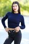 Women's Navy Blue Corded Crop Knitwear Sweater Short Model Acrylic Fabric Ribbed - 3122