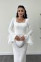 Ostrich Feather Detailed Square Neck Sheath Dress - WHITE - 3
