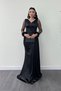 Satin Fabric Mermaid Dress with Feather Sleeves and Bead Details - BLACK