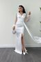 Satin Fabric Sleeves Bead Detailed Fish Dress - White - 2