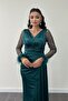 Satin Fabric Sleeves with Frills Beaded Mermaid Dress - EMERALD GREEN - 3