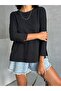 Women's Black Stitching Split Detail Crew Neck Blouse - 3