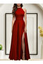    Women's Halter Neck Deep Slit Detailed Full Length Imported Crepe Evening Dress