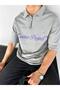 Men's Oversize Zippered Polo Collar Printed T-Shirt Light Gray - 3