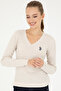 Women's Cream Melange V-Neck Basic Sweater 50293561-Vr159 - 3