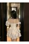 Fluffy Balloon Sleeve Embossed Fabric Super Mini Tutu Princess Medieval Dress Cream - 6
