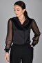 Women's Black Satin Tulle Sleeved Evening Shirt - 3