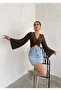 V-Neck Front Bottom Side Twist Detailed Long Spanish Sleeve Sandy Fabric Crop Blouse - 2