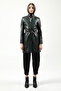 Athens Women's Buttoned Genuine Leather Trench Coat Green - 3