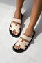 Palmeira Women's Velcro Strap Leather Slippers Beige - Black