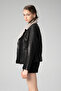Artemis Women's Jumbo Collar Fur Genuine Leather Coat Black - 6