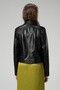 Violet Women's Crop Fit Shirt Collar Real Leather Coat with Pocket Bags Black - 3