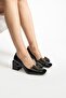 Women's Black Stone Bow Heeled Shoes