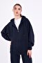 Navy Blue Kangaroo Pocket Hooded Zippered Oversize Women's Sweatshirt - 2