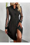 Women's Long Polka Dot Tulle Sleeve Shirt Collar Button-Front Imported Crepe Dress - 2