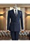 Italian Style Double Breasted Plaid Jacket Pants Men's Suit Navy Blue T11127