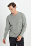 Men's Water Green Cotton Standard Fit Regular Cut Crew Neck Jacquard Knitwear Sweater - 3