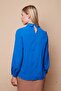 Women's Lycra-Free Stylish Fabric Collared Long Sleeve Shirt Blouse with Flounces on the Front-Cobalt Blue - 7