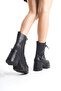 Women's Black Long Boots with Side Zipper, Lace-Up, High Sole, Front Belt Detail - 4