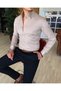 Italian Style Slim Fit Mock Neck Satin Men's Shirt Beige T4751